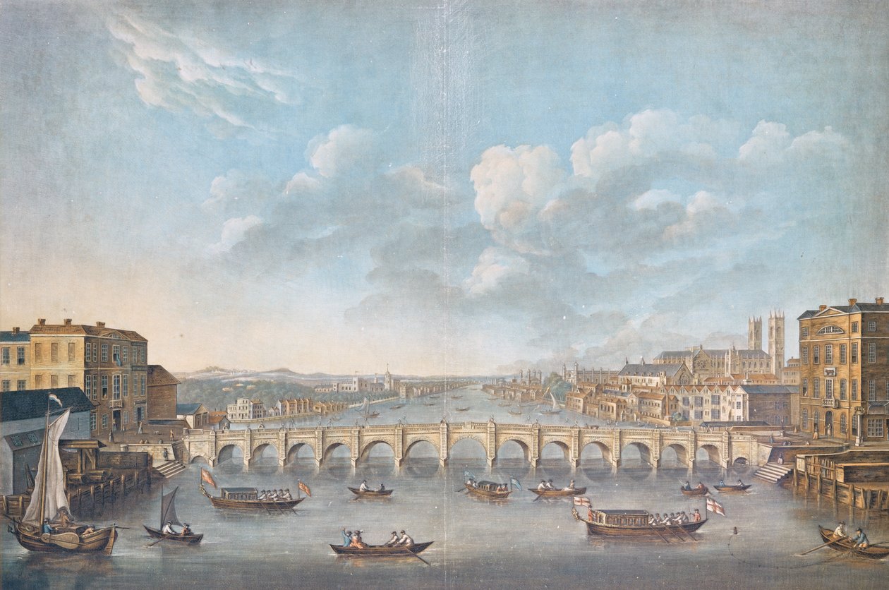 Widok na most Westminster, rytowany przez Pierre Michel Alix (1762-1817), 1799 (kolor grawerowany) autorstwa French School