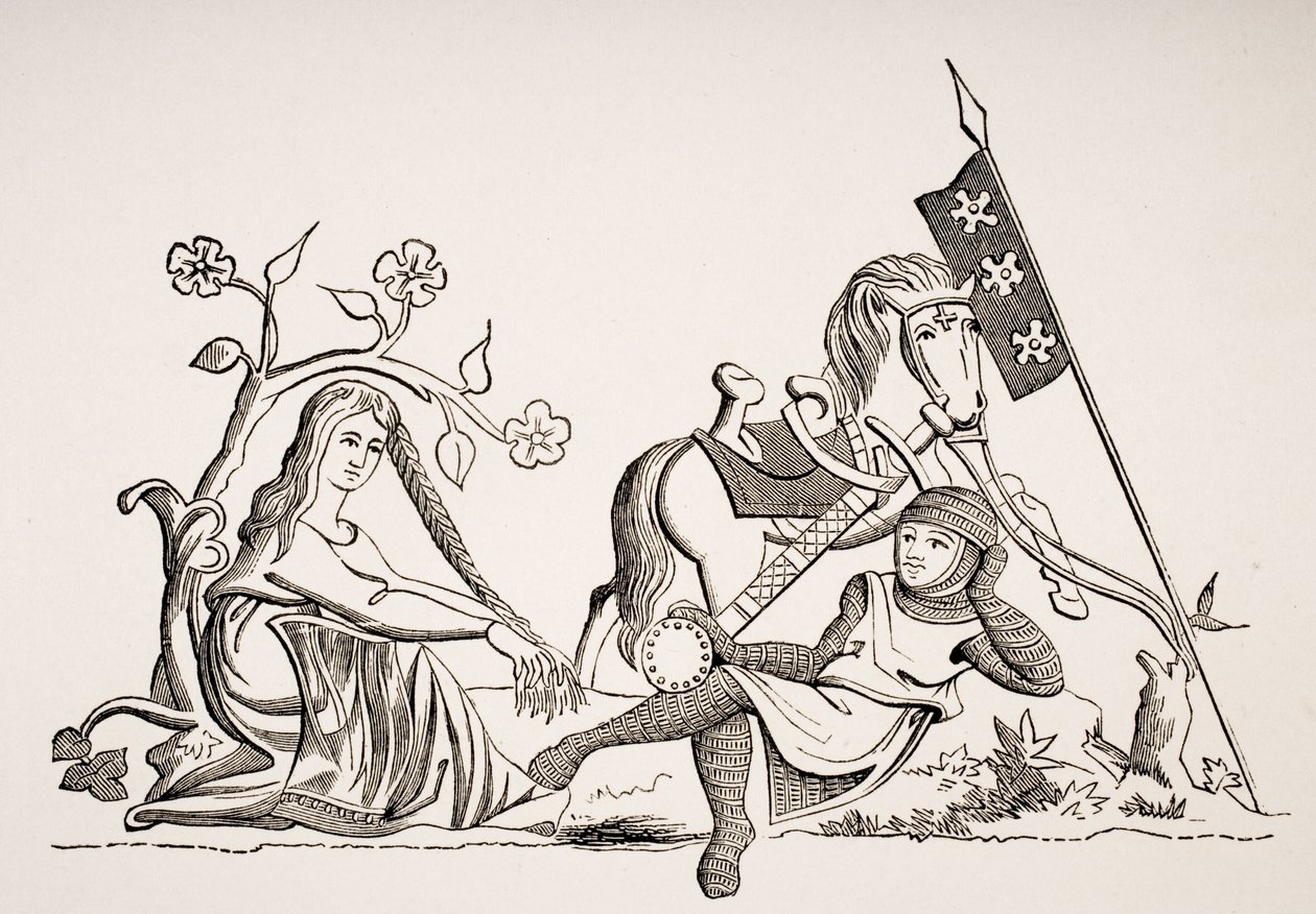 Kobieta pod ochroną rycerstwa, po miniaturze z końca XV wieku w łacińskiej księdze psalmów, z „Le Moyen Age et La Renaissance” Paula Lacroix (1806–84) opublikowanej w 1847 r. autorstwa French School