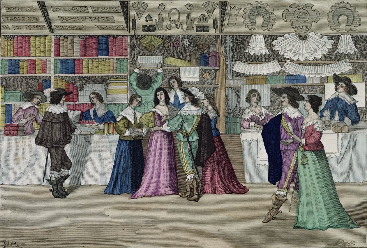 Sklepy w Galerii Pałacu Sprawiedliwości za czasów Ludwika XIII (1601-43) z "Costumes de Paris a Travers les Siecles" wyd. Roy, wyd. 1887 (rycina kolorowa) autorstwa Garcia