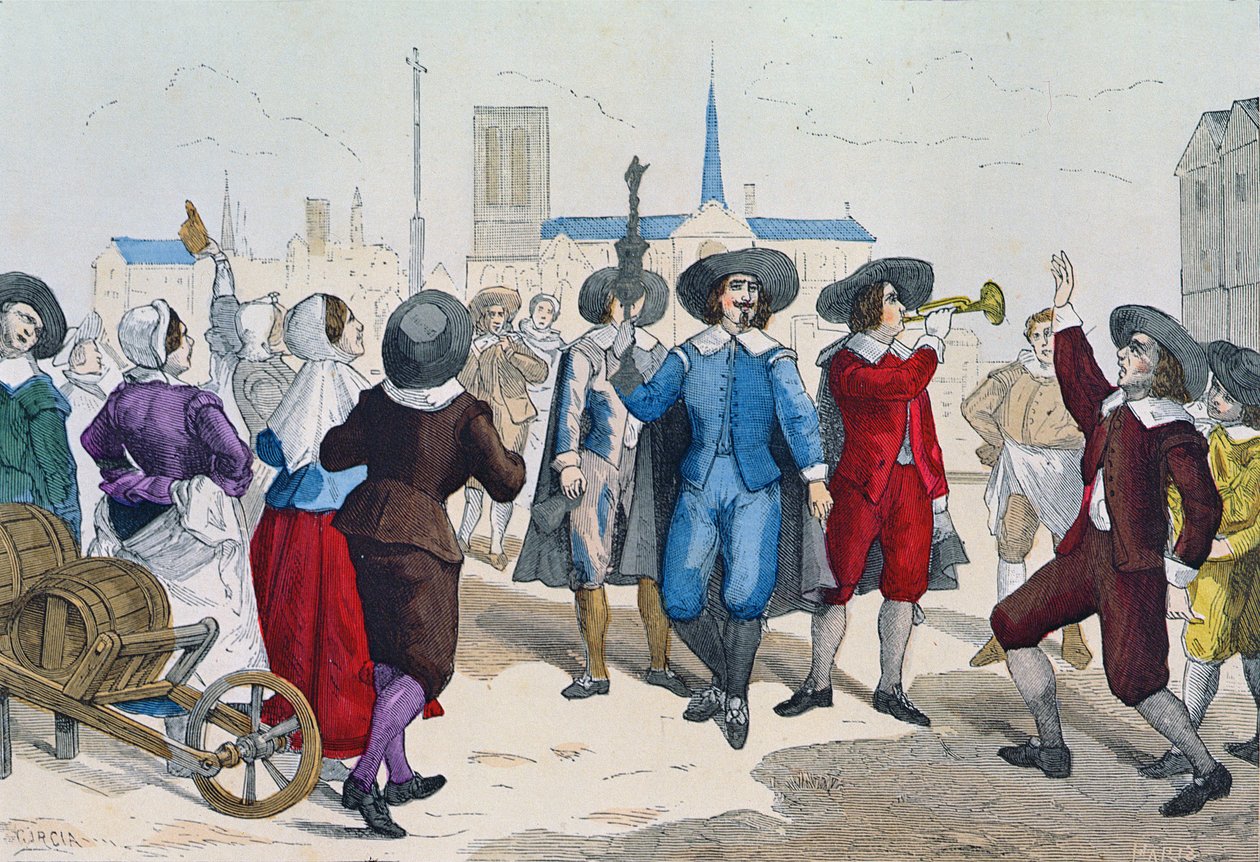 Sprzedawcy wina przechadzali się ulicami w czasach Ludwika XIII (1601-43) poprzedzonego przez ich przywódcę niosącego srebrny kielich, z „Costumes de Paris a Travers les Siecles” wyd. Roy, opublikowany 188 autorstwa Garcia