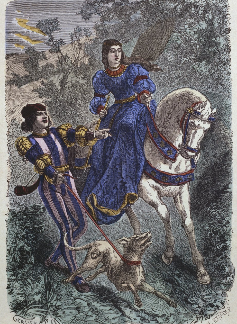 Stroje myśliwskie z XV w., młoda jeździec ze swoim giermkiem, ilustracja z „Costumes de Paris a travers les siecles” H. Gourdona de Genouillac, sztych. A. Renard (XIX w.) (kol. autorstwa Gerlier