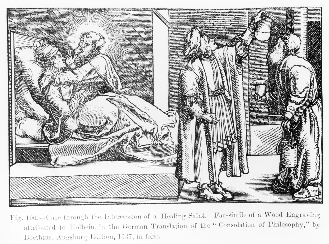 Uzdrowienie za wstawiennictwem uzdrawiającego świętego, z "Pociechy filozofii" Boethiusa, wydanej w 1537 r., ilustracja z "Science and Literature in The Middle Ages and Renaissance", wr autorstwa German School