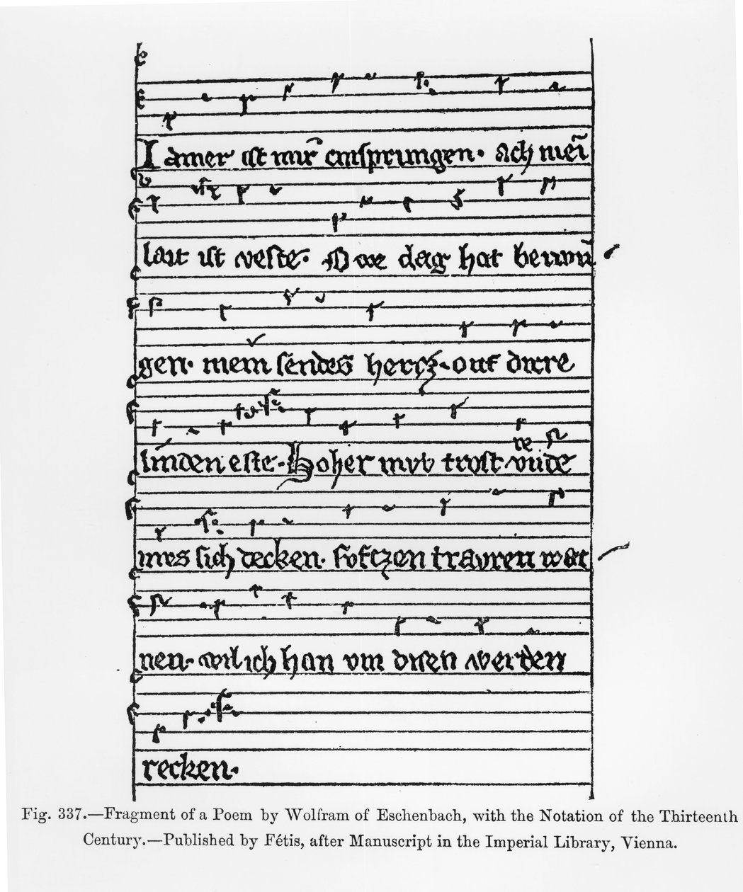 Fragment wiersza Wolframa z Eschenbach, wydanego przez Fetis, ilustracja z „Nauka i literatura w średniowieczu i renesansie”, napisany i ryty przez Paula Lacroix, 1878 (b autorstwa German School