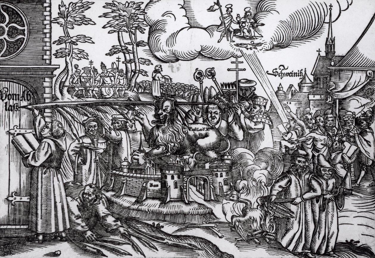 Marcin Luter (1483-1546) napis na drzwiach kościoła w Wittenberdze w 1517 r. (drzewryt) (fot. bw) autorstwa German School