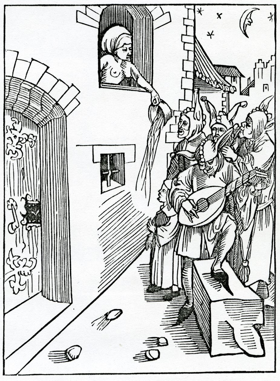 O nocnych stróżach i stróżach odcinków, którzy grają nocą na instrumentach i na folklorze, gdy czas ma odpocząć, ilustracja z angielskiego przekładu "Statku głupców" Alexandra Barclay