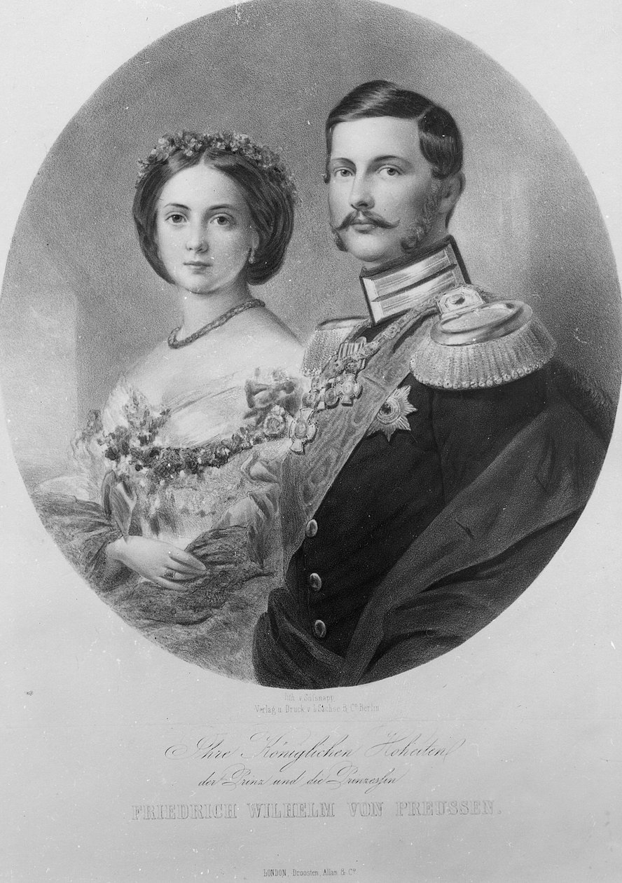 Portret ślubny Ich Królewskich Wysokości Księżniczki Wiktorii (1840-1901) i księcia Fryderyka Wilhelma Prus (1831-88) 25 stycznia 1858, grawerowany przez Carla Sussnappa autorstwa German School