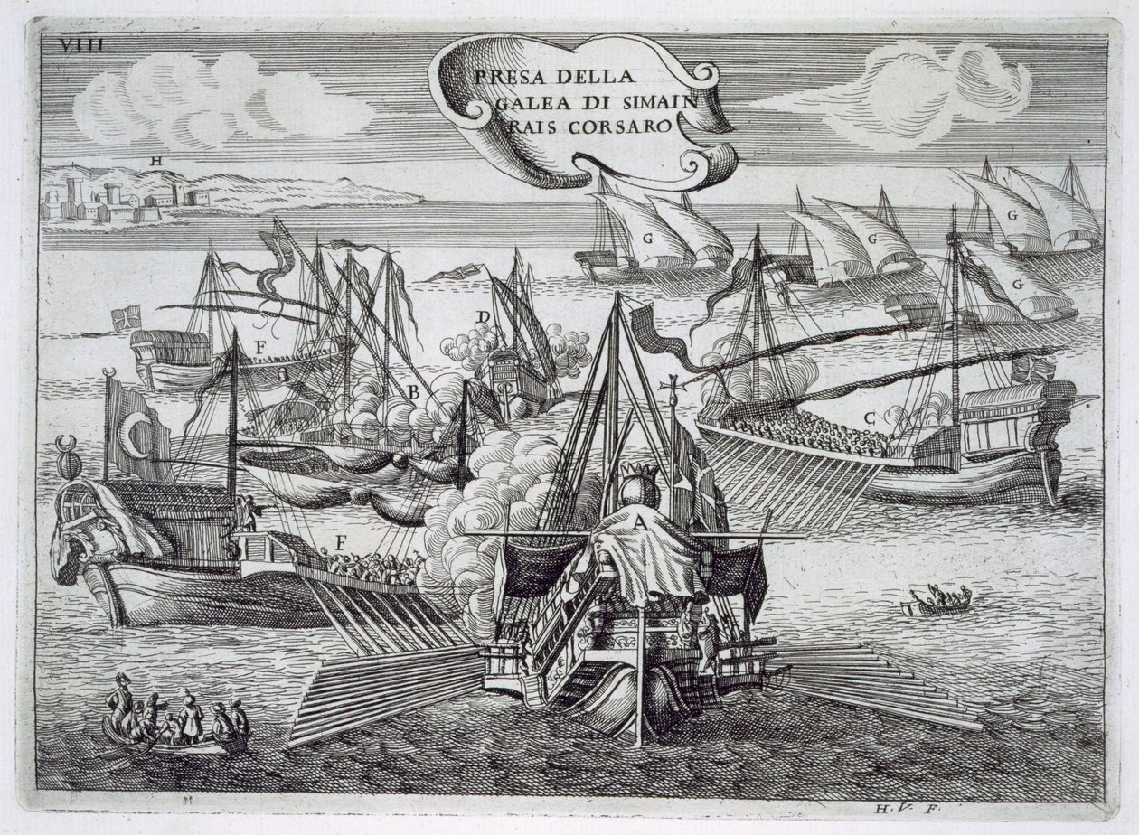 Uchwycenie Galeass of Simeon Rais, korsarz, ilustracja z „Wartości Toskanii w najważniejszych przedsięwzięciach Rycerzy Santo Stefano” Fulvio Fontany, sztych. H. Vincent, 1701 (ryc. autorstwa Italian School