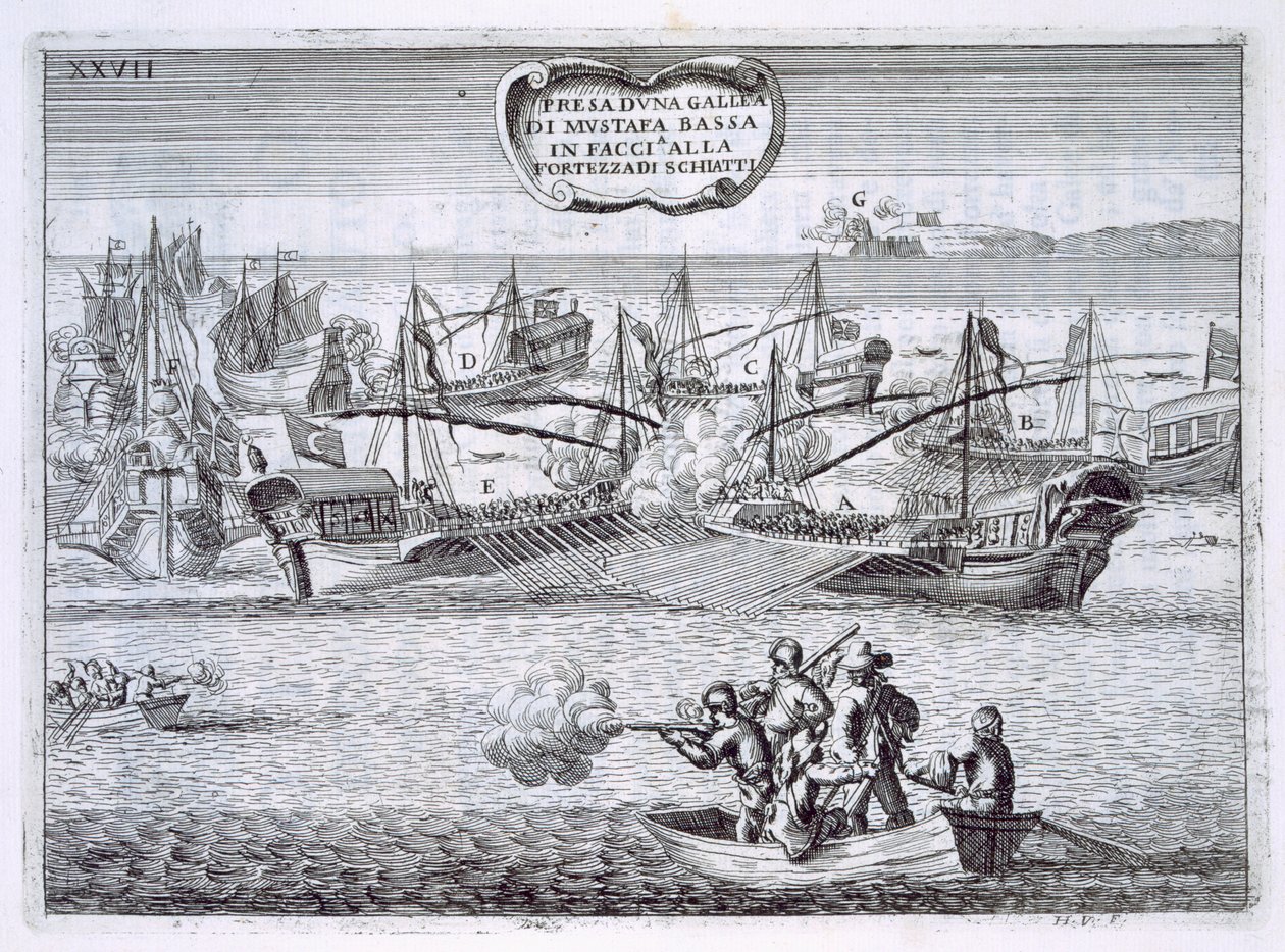 Walczące galeony Mustafy Bassy, ​​ilustracja z „Wartości Toskanii w najważniejszych przedsięwzięciach Rycerzy Santo Stefano” autorstwa Fulvio Fontany, sztych. H. Vincent, 1701 (ryt) autorstwa Italian School