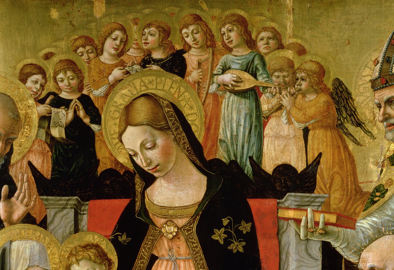 Wesele św. Katarzyny ze Sieny, szczegół głowy Dziewicy i aniołów, ok. 1481-1500 (tempera i olej na desce) (patrz także 99056) (szczegóły patrz 99638) autorstwa Lorenzo d Alessandro da Severino II