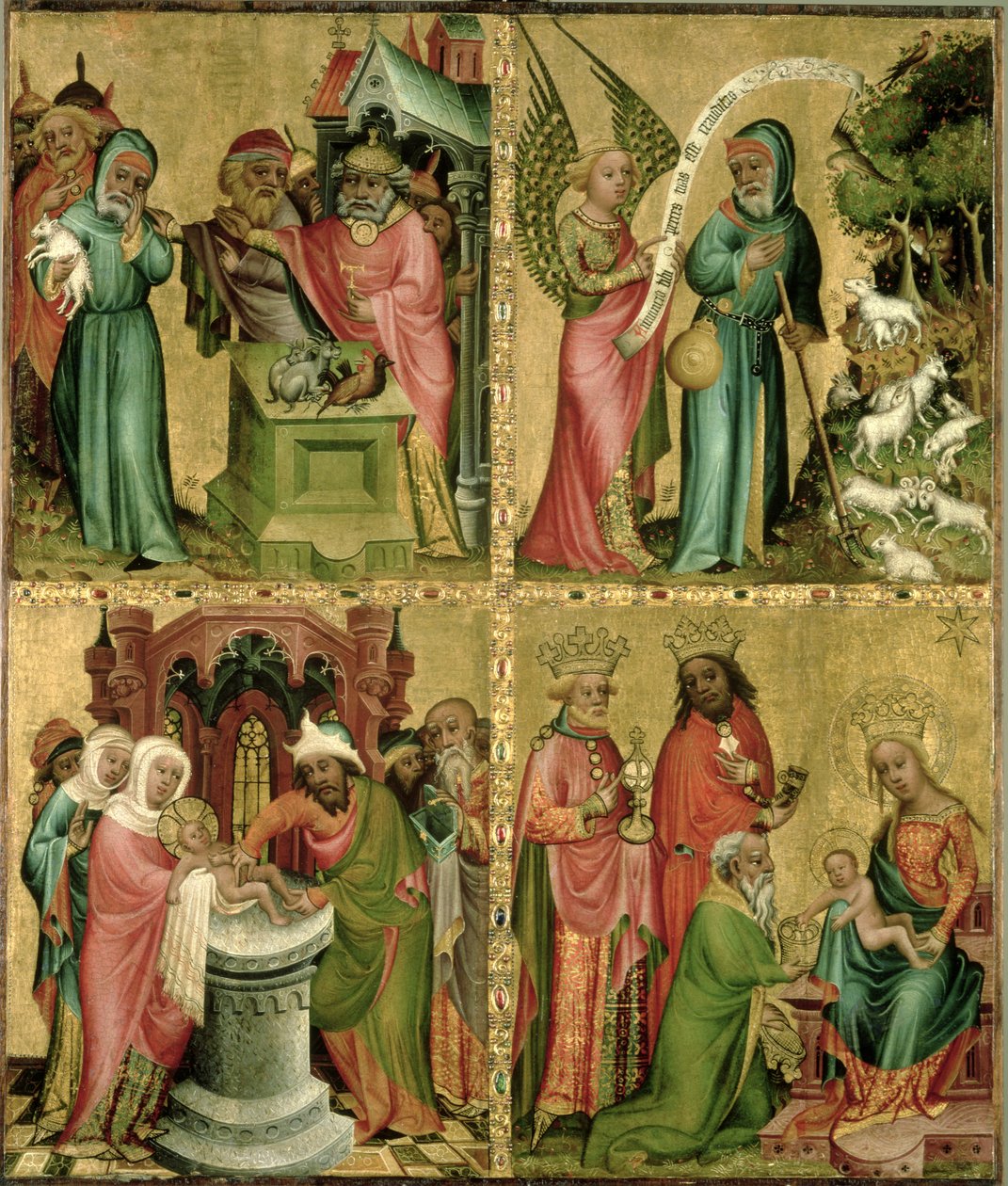 Ofiara Joachima, Obrzezanie Chrystusa, Zwiastowanie Św. Joachimowi i Pokłon Trzech Króli z lewego skrzydła Ołtarza Buxtehude, 1400-10 (tempera na panelu) autorstwa Master Bertram of Minden