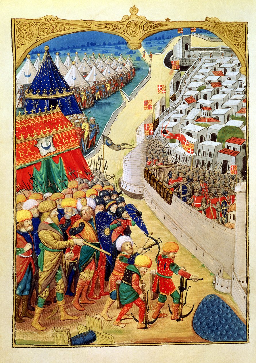Lat 6067 f.55v Siły tureckie przygotowujące się do bitwy przed murami Rodos w 1480 r., z "Historii oblężenia Rodos", Guillaume Caoursin, 1483 r. autorstwa Master of Cardinal de Bourbon