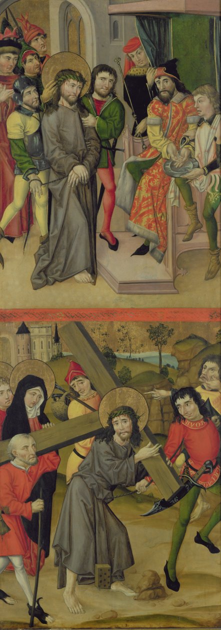Chrystus przed Piłatem i Chrystus niosący krzyż, panel i ołtarz przedstawiający sceny Męki Pańskiej i świętych, 1490 (zob. także 144537 i 144539-40) autorstwa Master of the Luneburg Footwashers