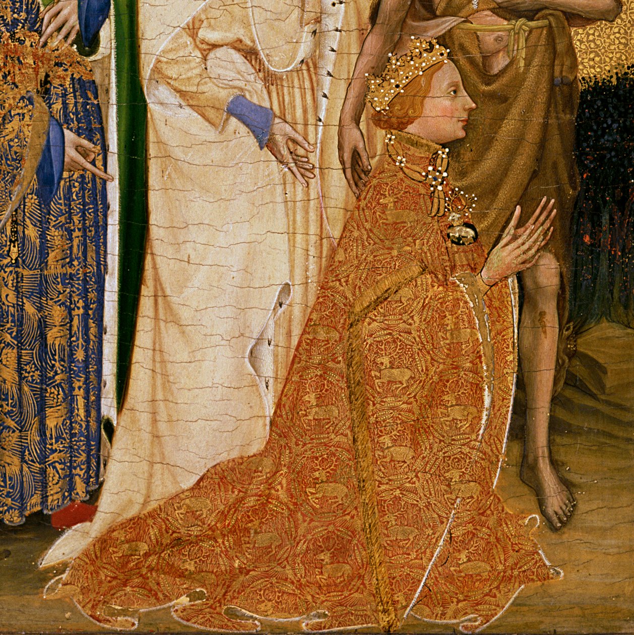 Ryszard II ofiarowany Dziewicy z Dzieciątkiem przez swojego Patrona św. Jana Chrzciciela oraz św. Edwarda i Edmunda, ok. 1395-99 (tempera jajeczna na dębie) (detal z 3028 r.) autorstwa Master of the Wilton Diptych