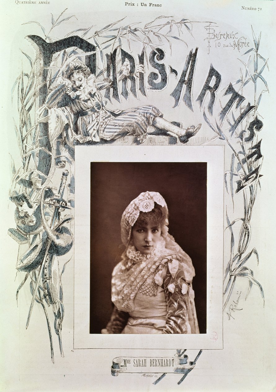 Sarah Bernhardt (1844-1923) w roli Marion Delorme w Theatre de la Porte Saint-Martin, ilustracja do okładki czasopisma „Paris Artiste”, nr. 71, grawerowane przez Micheleta (media mieszane) autorstwa Nadar