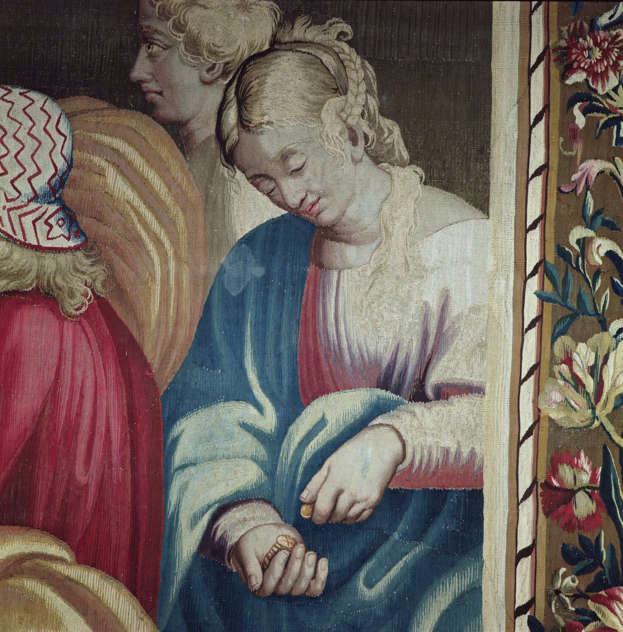 Gobelin przedstawiający Dzieje Apostolskie, śmierć Ananiasza (Szafira, żona Ananiasza przeliczająca jej monety), tkany w warsztacie Beauvais pod kierunkiem Philippe