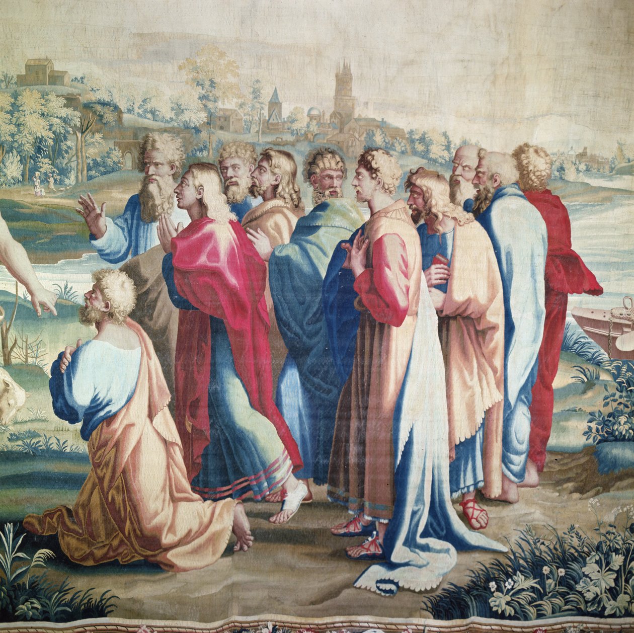 Gobelin przedstawiający Dzieje Apostolskie, powołanie św. Pawła (fragment apostołów), tkany w warsztacie Beauvais pod kierunkiem Philippe