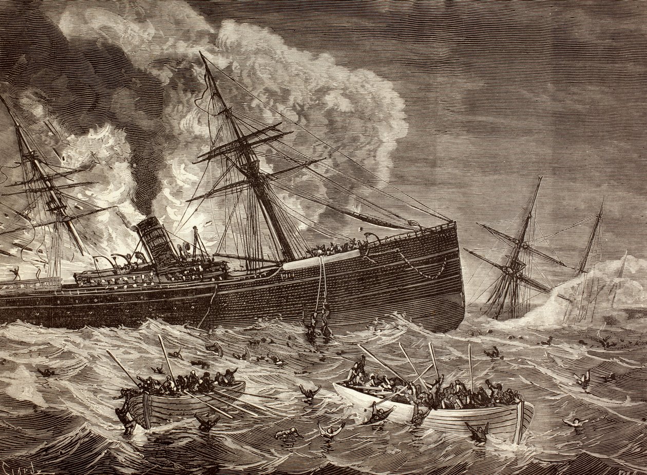 Kolizja i zatonięcie hiszpańskiego parowca „Leon” i angielskiego parowca „Harelda” u wybrzeży Cabo da Roca, Portugalia w styczniu 1881 r., z „La Ilustracion Espanola y Americana” z 1881 r. autorstwa Spanish School
