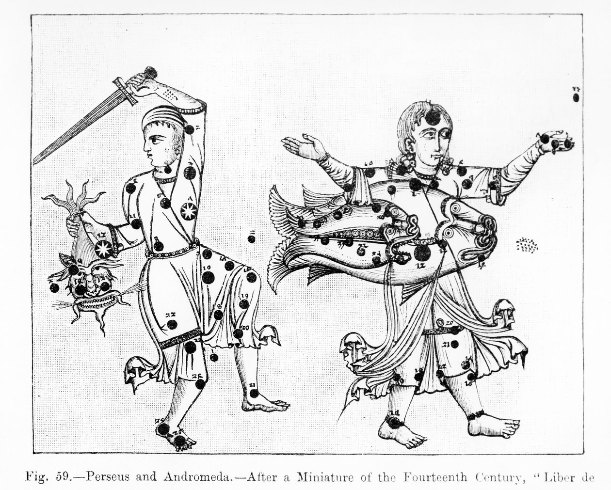 Perseusz i Andromeda, z Liber de Stellis Fixarum, ilustracja z „Nauki i literatury w średniowieczu i renesansie”, napisana i rytowana przez Paula Lacroix, 1878 autorstwa Spanish School