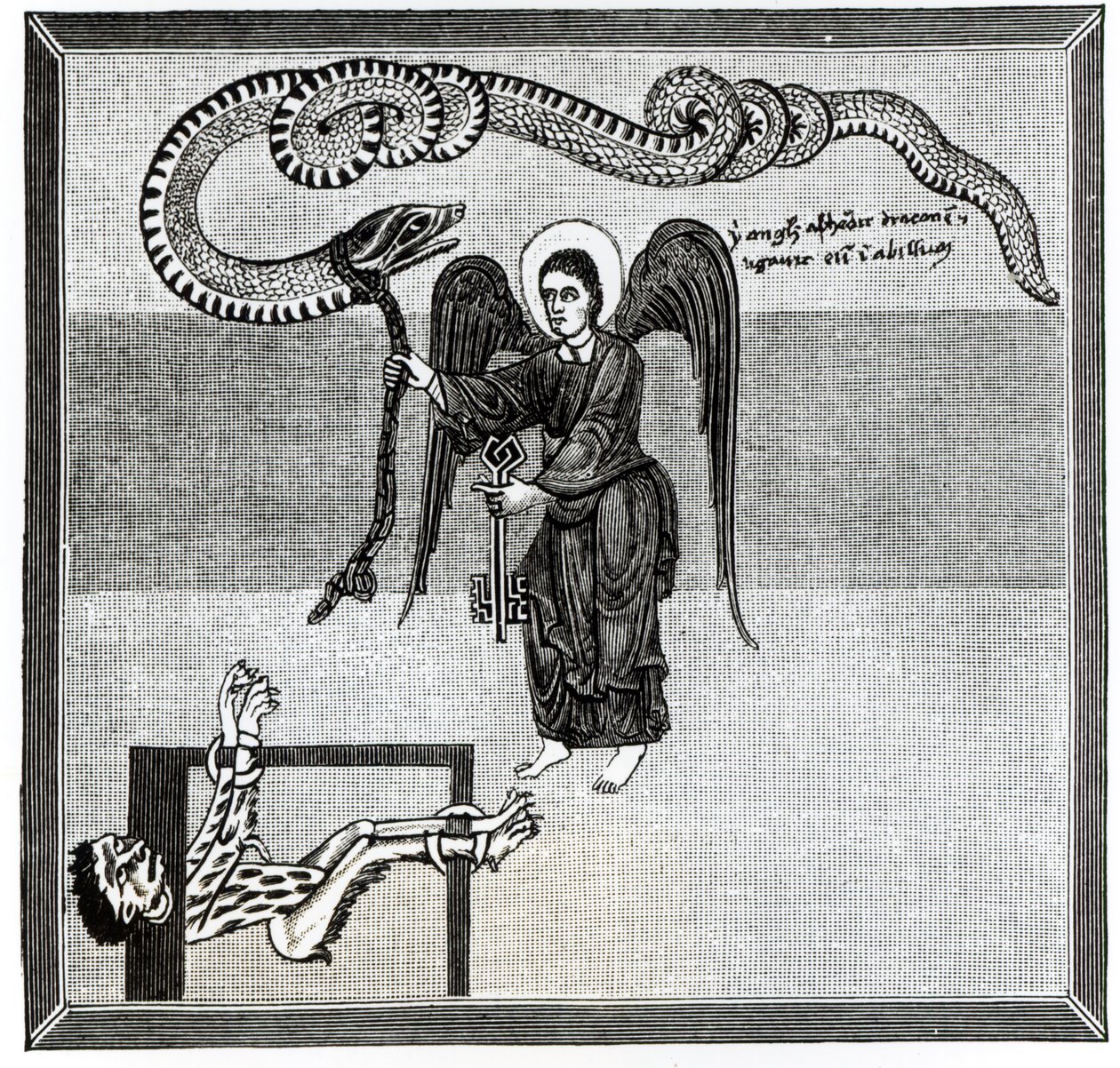 Anioł trzymający Klucze do Piekieł zakuł w kajdany diabła w kształcie smoka z komentarza do Apokalipsy asturyjskiego mnicha Beatusa z Liebany, ok. 776, ilustracja z 