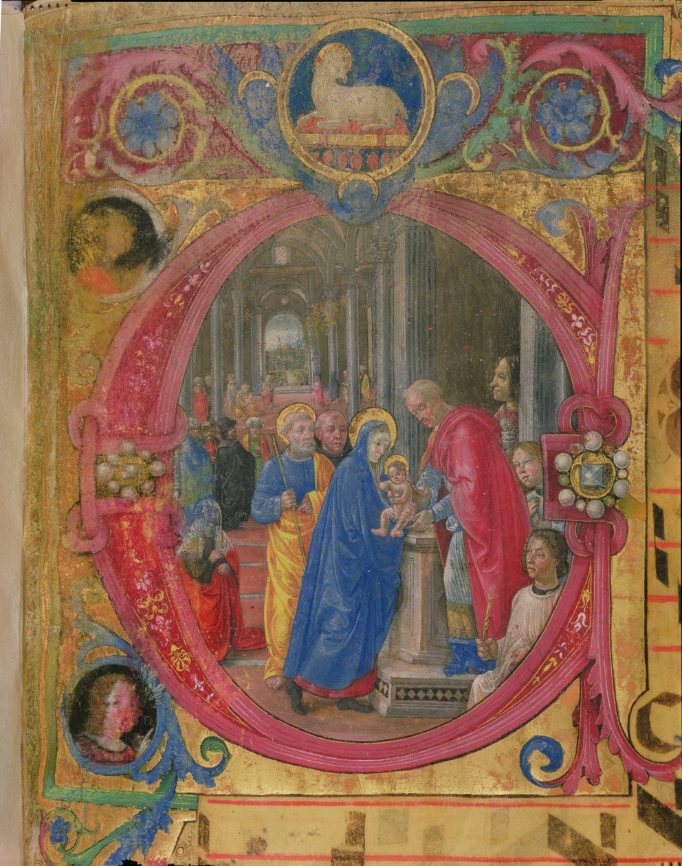 Corale B 26 c.113r Historiozowany inicjał "C" przedstawiający Ofiarowanie w Świątyni, z portretem Wawrzyńca Wspaniałego (1449-92) przy kolumnie po prawej stronie (patrz 179197 dla de autorstwa Tommaso di Baldassare