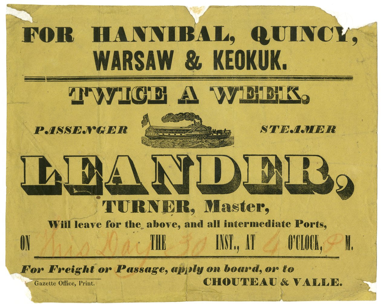 Reklama do S.S.Leander, fracht lub przejazd dwa razy w tygodniu, do Hannibal, Quincy, Warszawa i Keokuk, ca. 1850 autorstwa Unknown