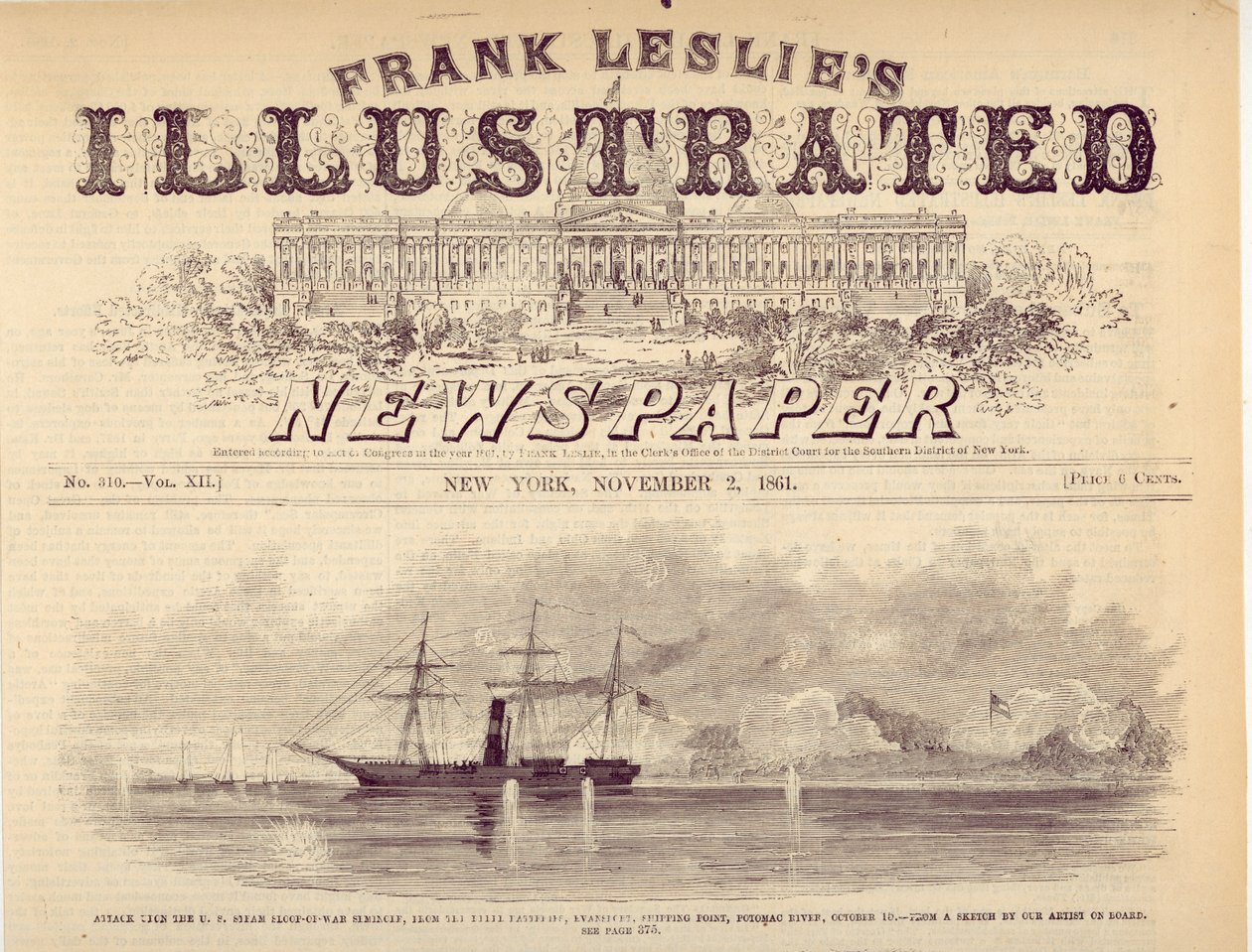 Atak na US Steam Slup-of-War Seminole z (nieczytelnego) punktu wysyłkowego nad rzeką Potomac, 15 października. autorstwa Unknown