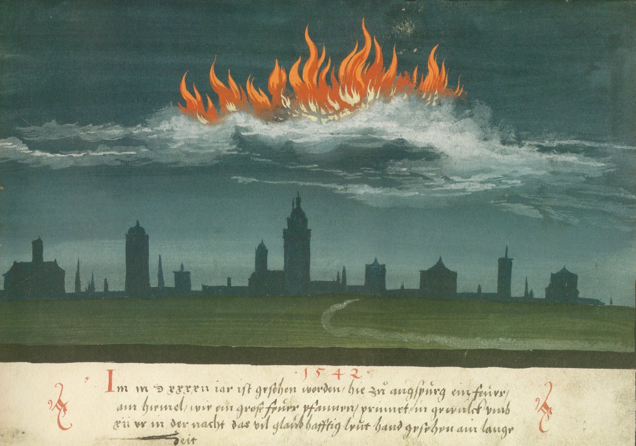Augsburger Wunderzeichenbuch - Folio 144: Niebiański ogień nad Augsburgiem 1542 autorstwa Unknown