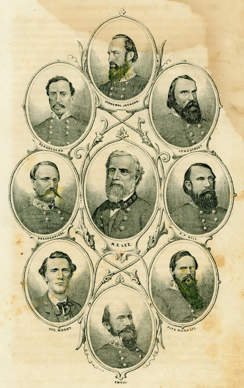 Generałowie Konfederacji (poddani to generałowie Stonewall Jackson, Longstreet, A.P. Hill, Fitzhugh Lee, Ewell, Greckenridge, Beauregard oraz Lee i pułkownik Mosby) autorstwa Unknown