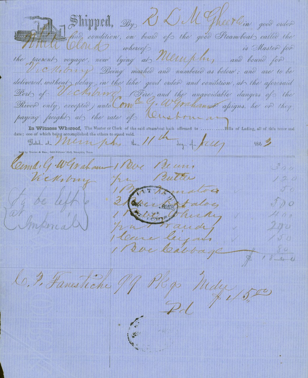 Dokument zawiera pieczęć kapitana Charlesa Parsonsa, asystenta kwatermistrza w St. Louis autorstwa Unknown