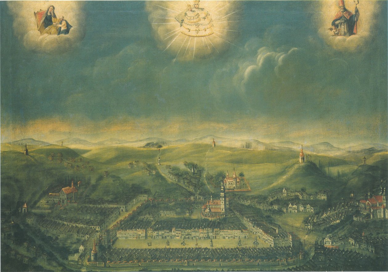 Obraz czeskiego miasta Třebíč wykonany w 1677 roku w Mariazell w Austrii autorstwa Unknown