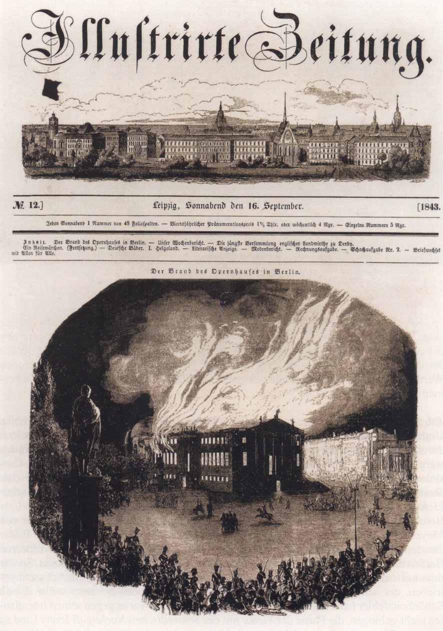 Strona tytułowa Leipziger Illustrierte Zeitung, 16 września 1843, przedstawiająca pożar berlińskiej opery 18 sierpnia 1843 autorstwa Unknown