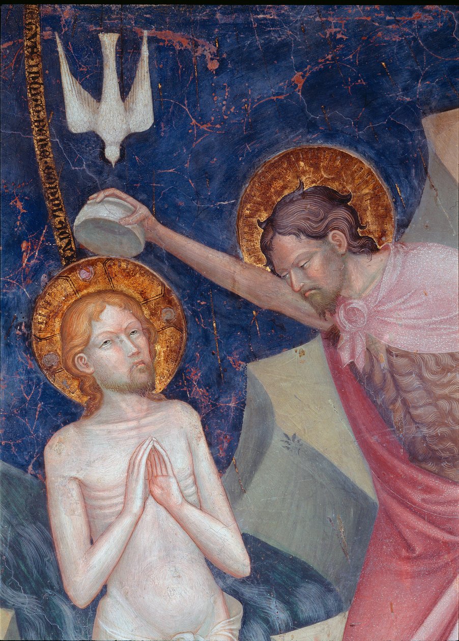 Święty Jan Chrzciciel chrzci Chrystusa Szczegół. Fresk Lorenza (około 1374-1420) i Jacopo (? -po 1427) Salimbeni 1416. Oratorium Urbino San Giovanni autorstwa Lorenzo da  Sanseverino