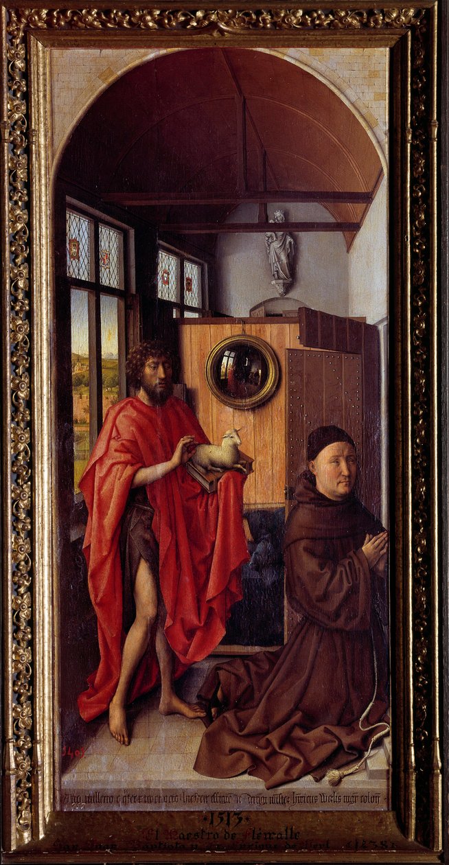 Obraz św. Jana Chrzciciela i franciszkanina Henri de Werl Wood autorstwa Roberta Campina zwany Mistrzem Flemalle (1375-1444) 1438 Sun. 1,01x0,47 m Madryt, Muzeum Prado autorstwa Master of Flémalle