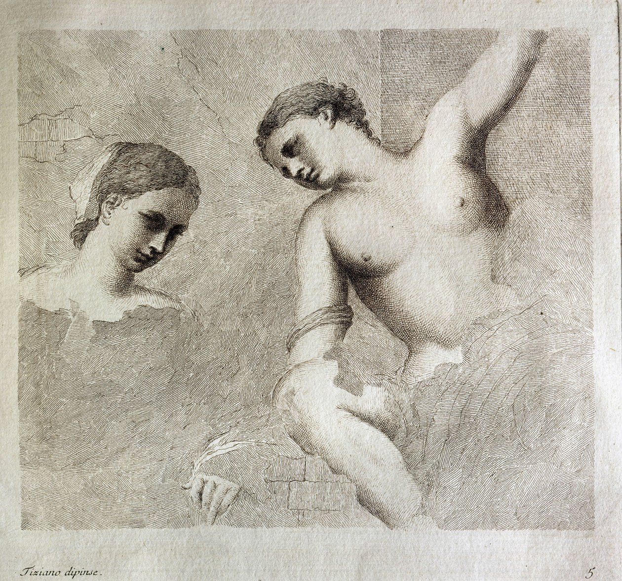 Postacie kobiece. W lewym dolnym rogu napis "Tiziano Dipinse". Rycina autorstwa Giorgio da Castelfranco znanego jako Giorgione (1476/1478-1510) Instytut Historii Sztuki, Florencja autorstwa (1476/8 1510) Giorgione
