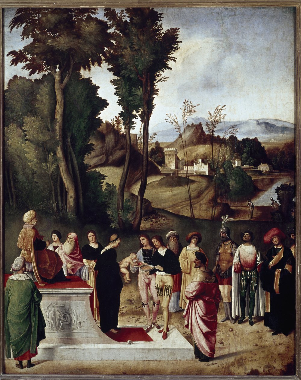 Dziecko Mojżesza poddane próbie ognia i złota przez faraona. detal (Olej na drewnie, ok.1502) autorstwa Giorgione