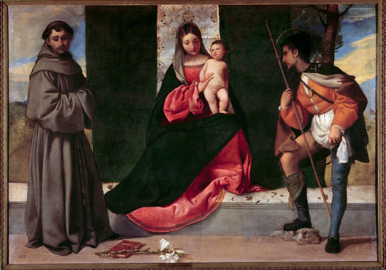 Dziewica z Dzieciątkiem między św. Antonim Padewskim a św. Rochem Obraz Giorgio Barbarelli da Castelfranco dit Giorgione (1477-1510). XVI w. niedz. 0,92x1,33 m Madryt, Muzeum Prado autorstwa Giorgione