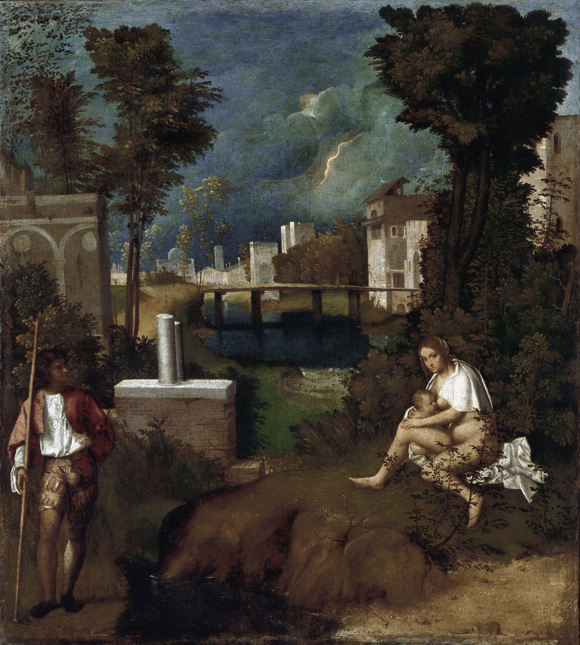 Burza. Fragment kobiety karmiącej dziecko piersią i pejzaż - olej na płótnie, ok. 1505-1506 autorstwa Giorgione