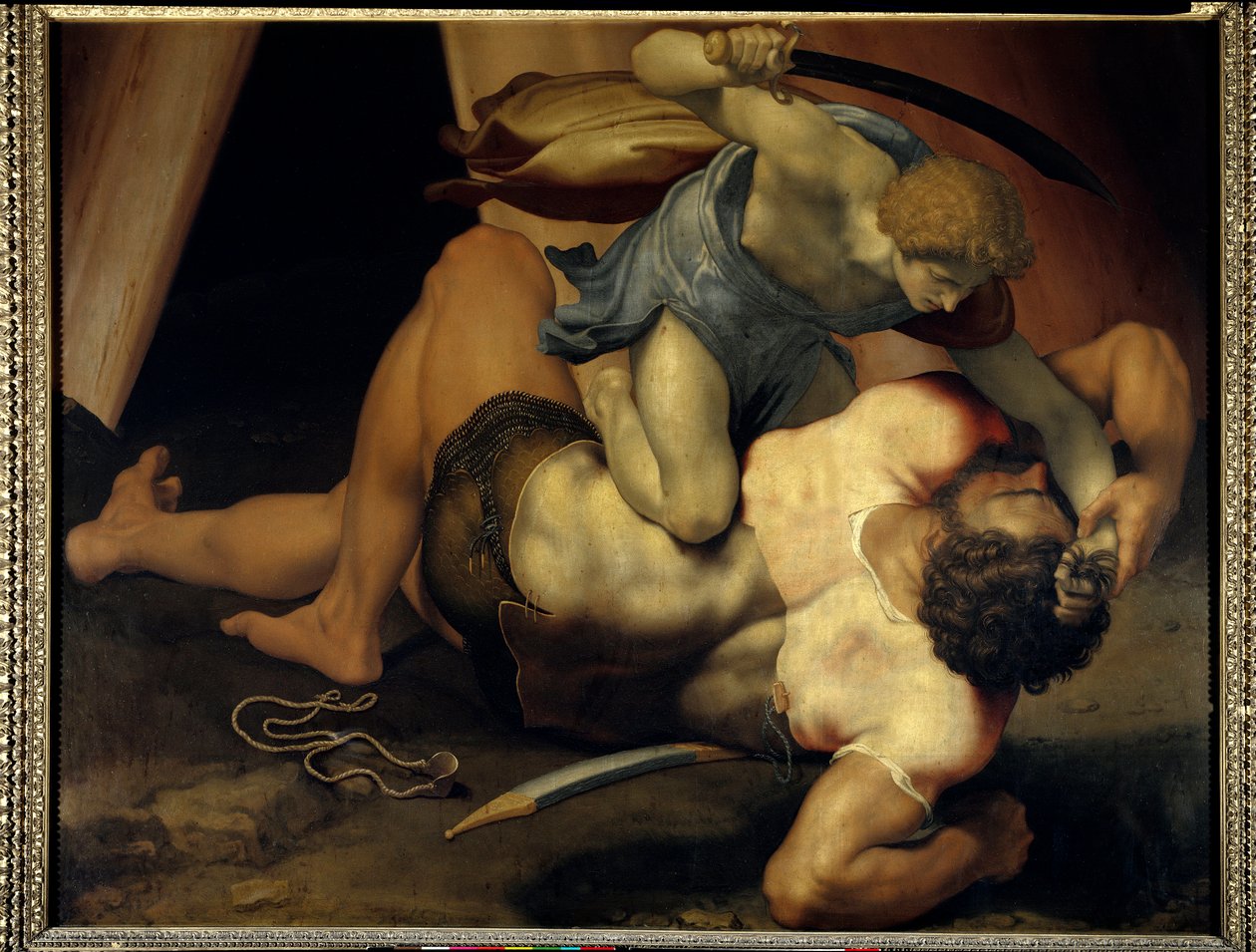 Dawid i Goliat Obraz na łupku dwustronnym autorstwa Daniele de Volterra (1509-1566) (ec ital) XVI w. Słońce 1,33x1,72 m Paris musee du Louvre autorstwa Daniele da  Volterra