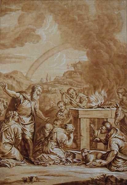 Noe po potopie, ryty przez Elishaha Kirkhalla (1682-1742) (kolor lito) autorstwa Veronese