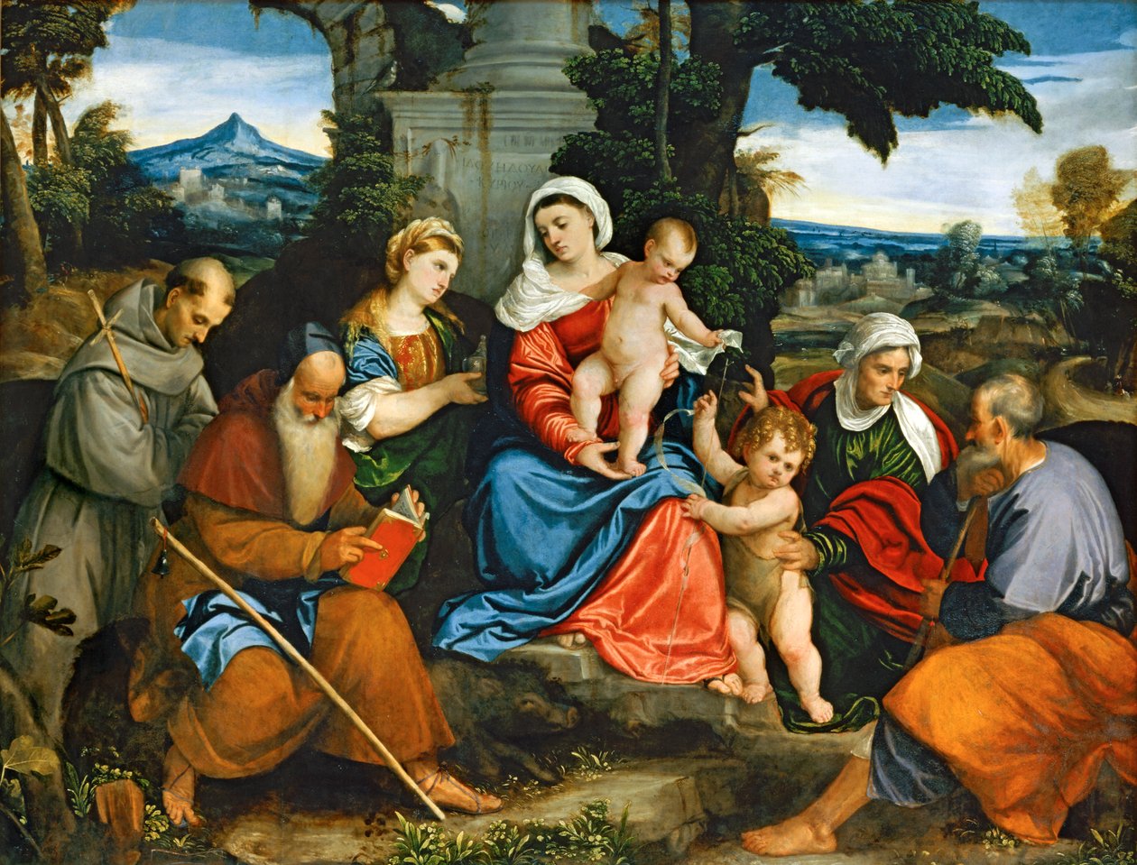 Święta Rodzina ze świętymi Franciszkiem, Antonim, Magdaleną, Janem Chrzcicielem i Elżbietą ... autorstwa (1528 88) Veronese