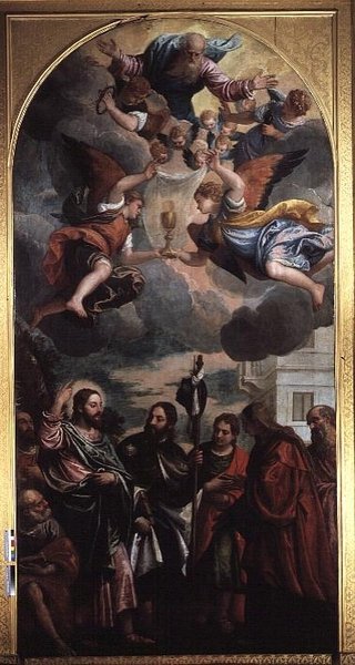Żona Zebedeusza wstawiającego się u Chrystusa za swoimi dwoma synami autorstwa Veronese
