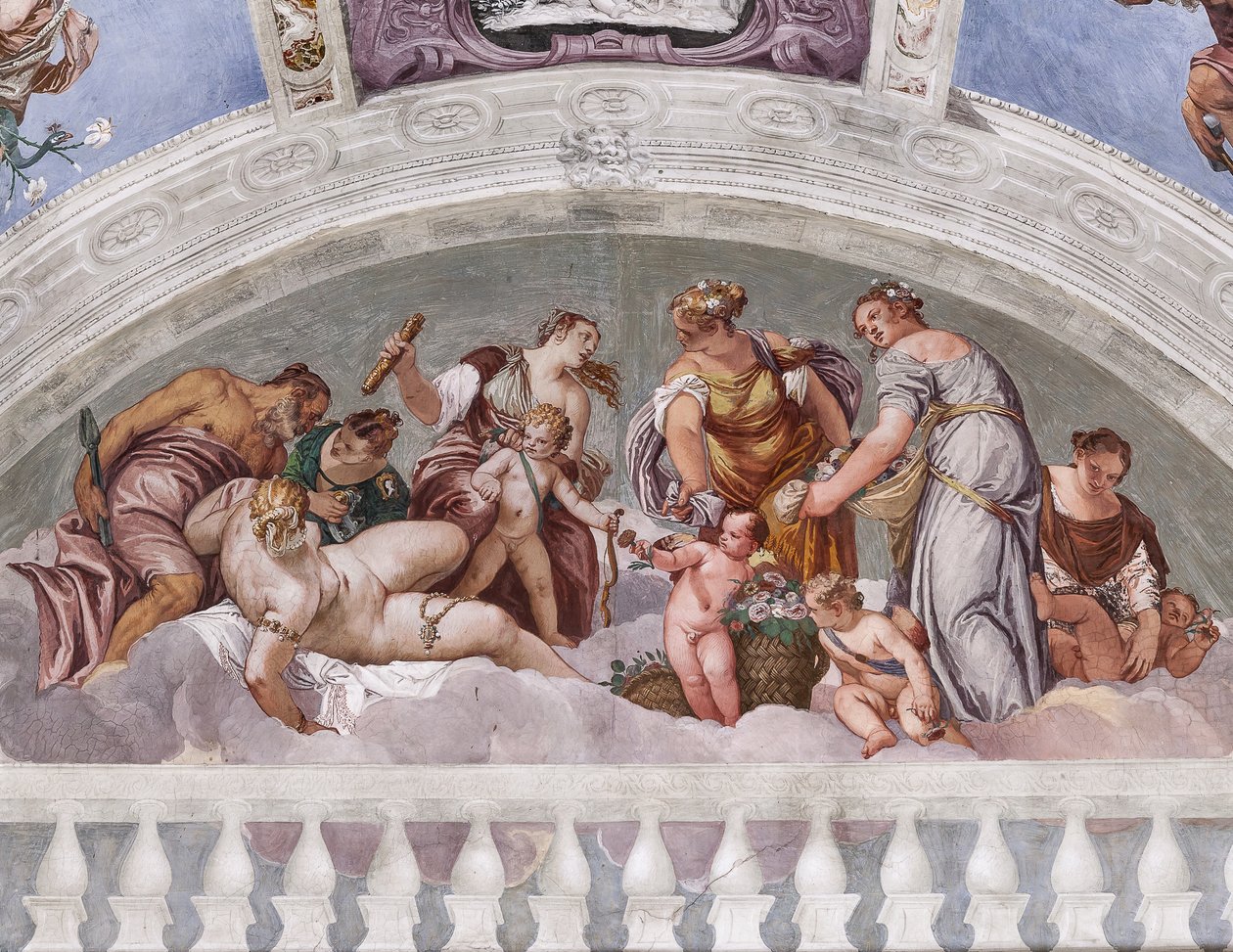 Alegorie zimy i wiosny (Wulkan i Wenus), Ściana Południowa, luneta nad Drzwiami do Pokoju Crociera, Sala Olimpu autorstwa Veronese