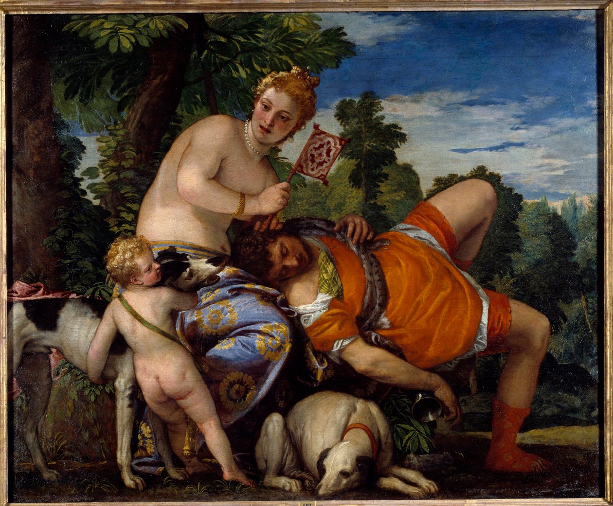Afrodyta i Adonis. Adonis, postać z mitologii greckiej, kocha Afrodytę. Obraz Paolo Veronese (1528-1588) autorstwa Veronese