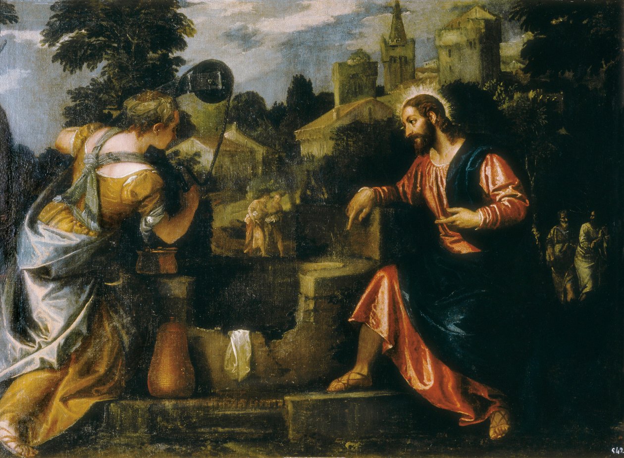 Chrystus i Samarytanka przy studni. Obraz Paolo Caliari powiedział Paolo Veronese (1528-1588) ,1580. Prawdziwy Monasterio de San Lorenzo de El Escorial. autorstwa Veronese