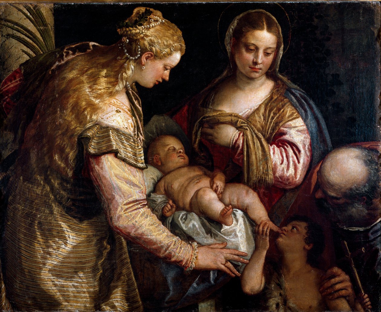 Święta Rodzina ze św. Barbe i św. Janem Chrzcicielem. Obraz Paolo Caliariego zwany Paolo Veronese (1528-1588), ok. 1562. Olej na płótnie. Wymiary: 86x122cm. Firenze, Galleria degli Uffizi (Florencja, Muzeum Uffizi) autorstwa Veronese