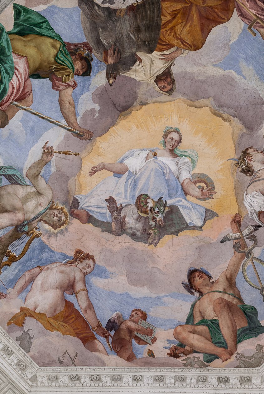 Uniwersalna Harmonia w otoczeniu bogów: Zeusa z orłem, Marsa, Apollo z lirą, Wenus, Merkurego z kaduceuszem, Diany z psami i Saturna, centralnego ośmiokąta Sali Olimpu autorstwa Veronese