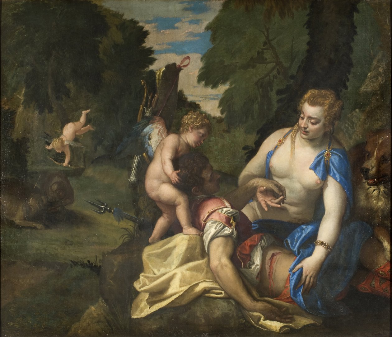 Wenus pleurant Adonis - Wenus opłakujący Adonis, autorstwa Veronese, Paolo (1528-1588). Olej na płótnie. Wymiar : 145x173,5 cm. Muzeum Narodowe w Sztokholmie autorstwa Veronese