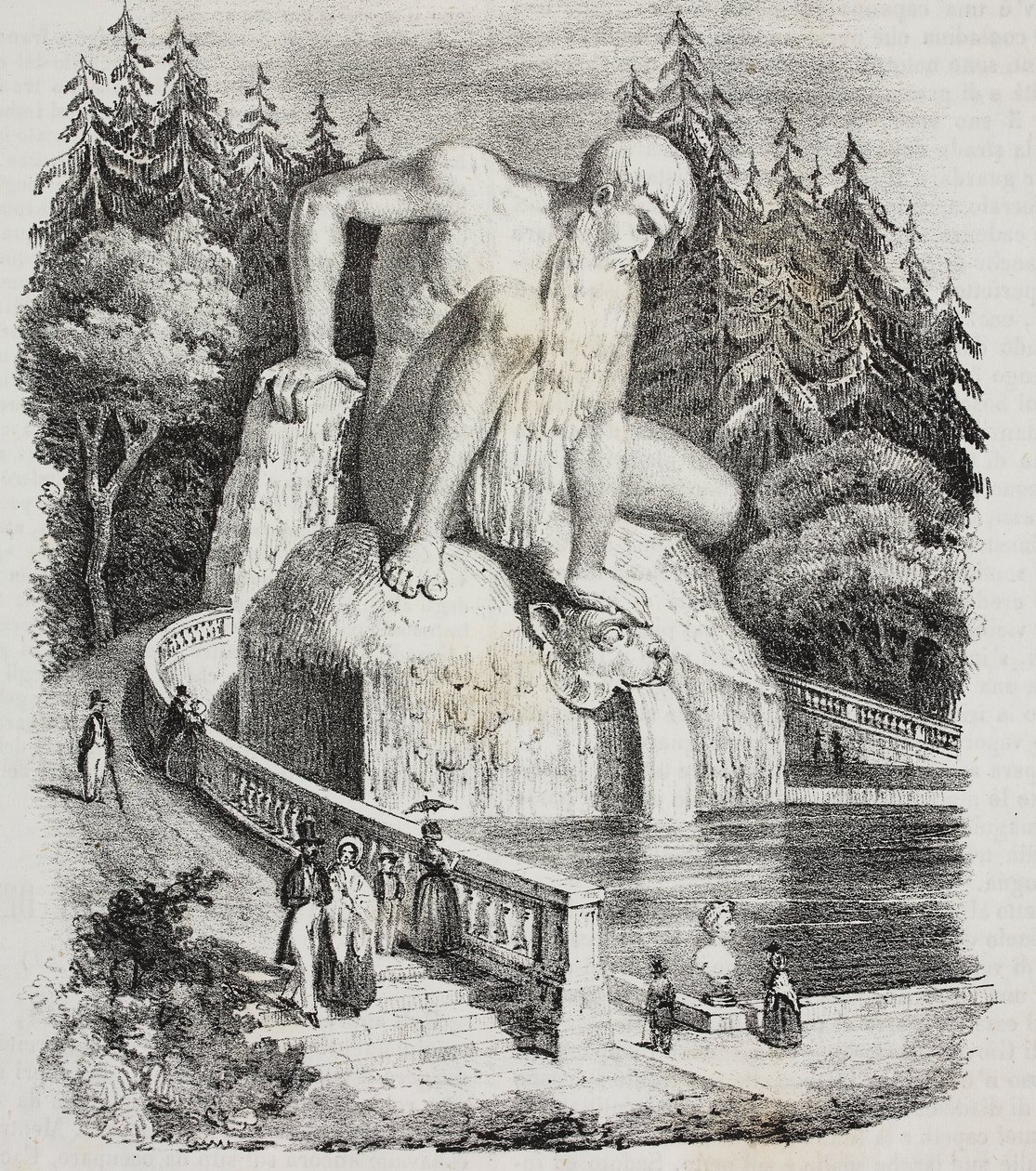 Kolos z Apeninów (by Giambologna) w parku Villa Demidoff (Villa Medicea Pratolino), Vaglia, Toskania, Włochy, litografia Giovanniego Mariani z Poliorama Pittoresco, nr 10, 15 października autorstwa Giambologna