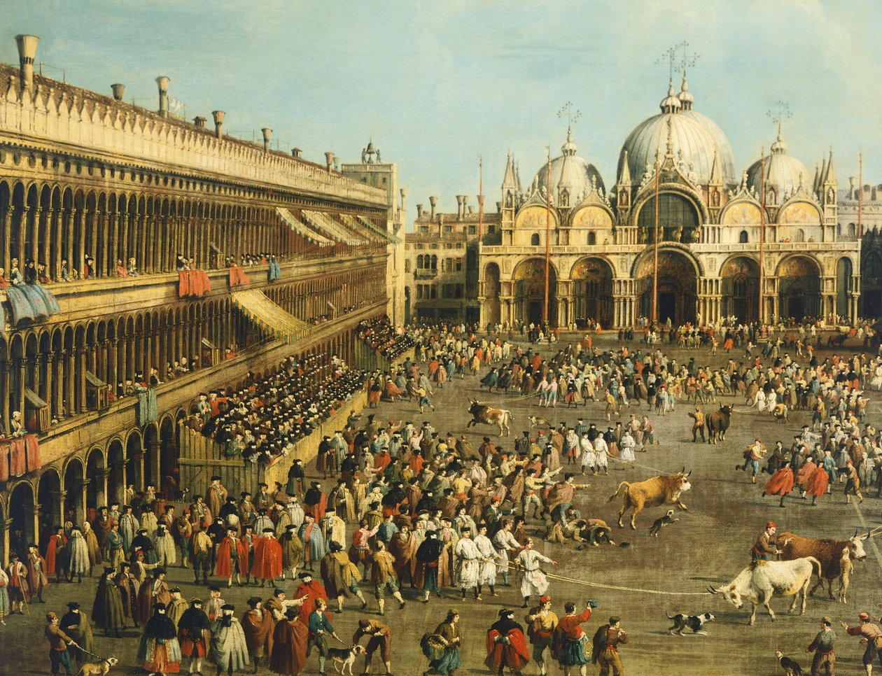 Walka byków lub polowanie na byki na Piazza San Marco, Giovanni Antonio Canal (1697-1768) i Giovanni Battista Cimaroli (1687-po 1753), olej na płótnie, 99x145 cm autorstwa Canaletto