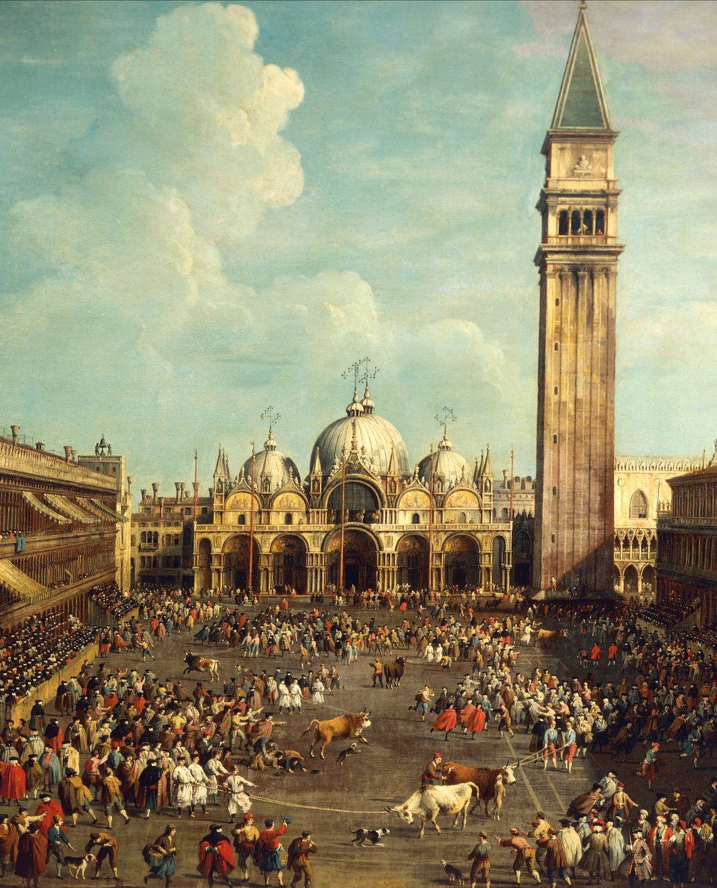 Walka byków lub polowanie na byki na Piazza San Marco, autorstwa Giovanniego Antonio Canal, znanego jako Canaletto (1697-1768) i Giovanniego Battisty Cimaroli (1687-po 1753), olej na płótnie, 99x145 cm autorstwa Canaletto
